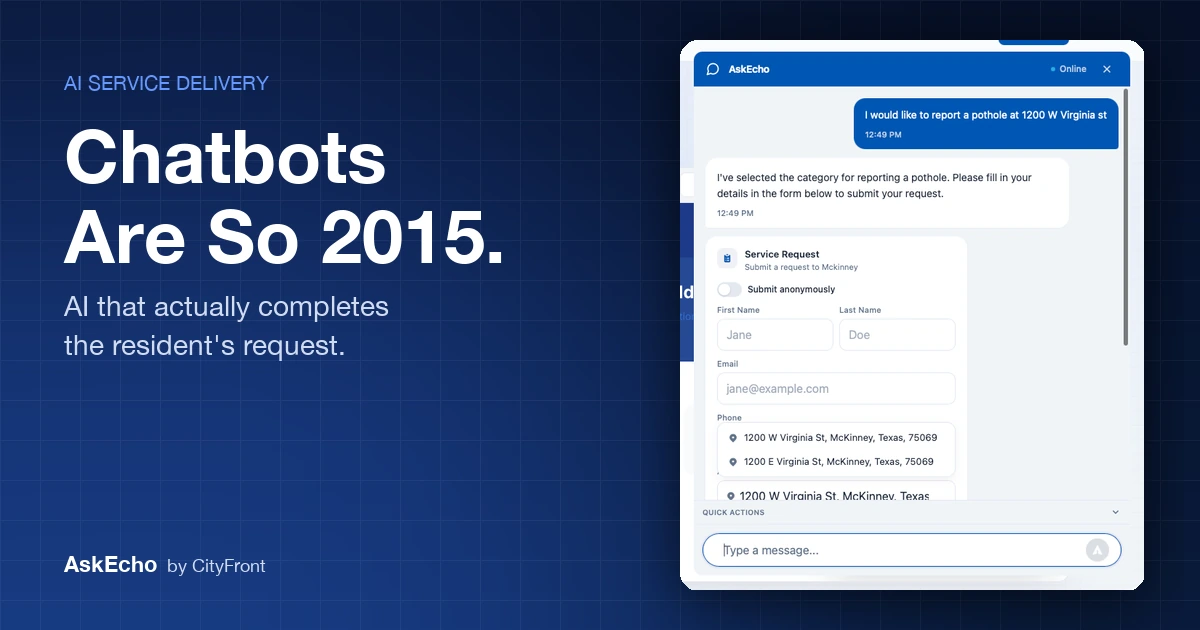 AskEcho chat widget completing a 311 pothole request inline, alongside the headline 'Chatbots Are So 2015'